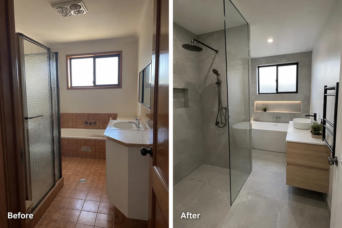 Before and after of a ReachOut bathroom renovation — dated brown tiles and a framed shower replaced with large-format grey tiles, a walk-in frameless shower, freestanding bath and timber vanity