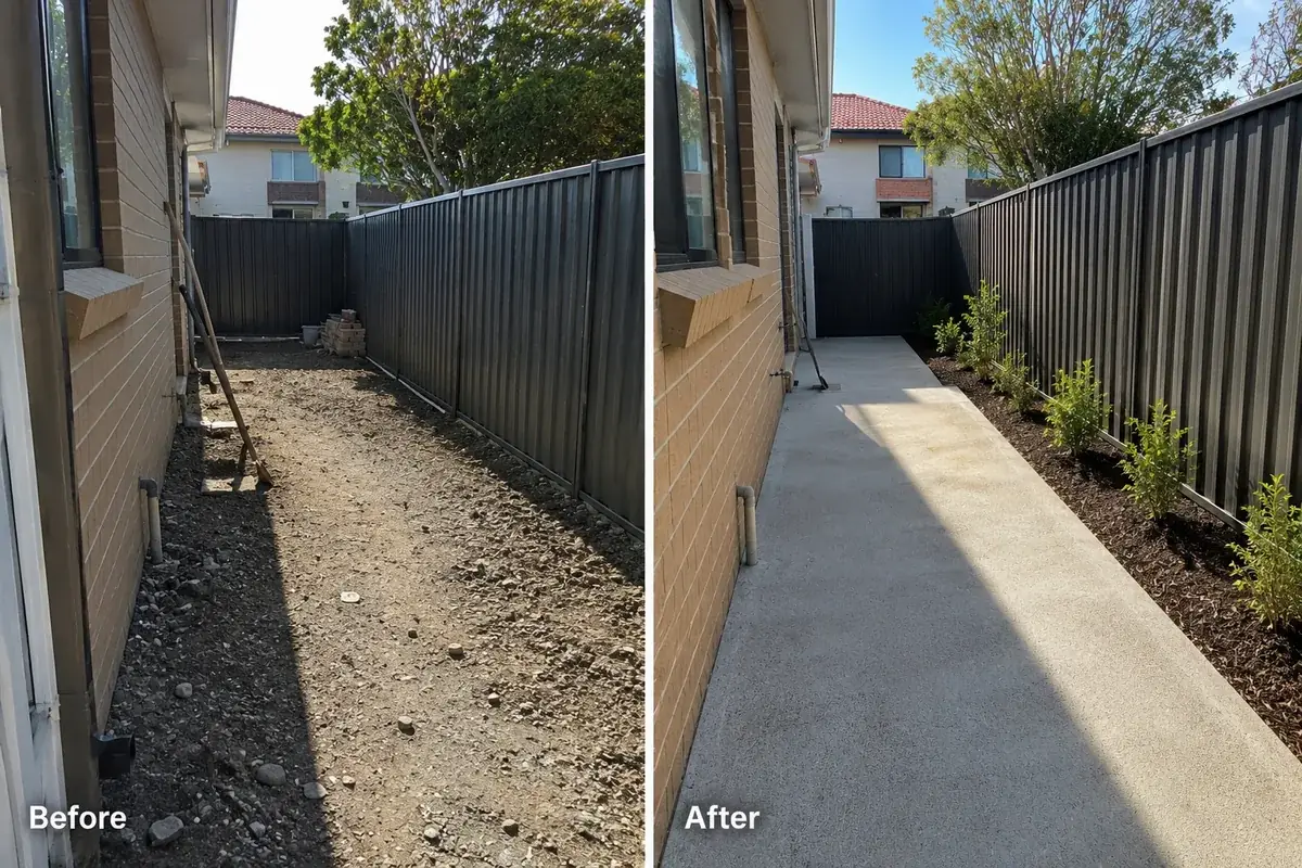 Before and after of a ReachOut concreting job — a rubble-filled side yard replaced with a finished concrete path and planted garden bed