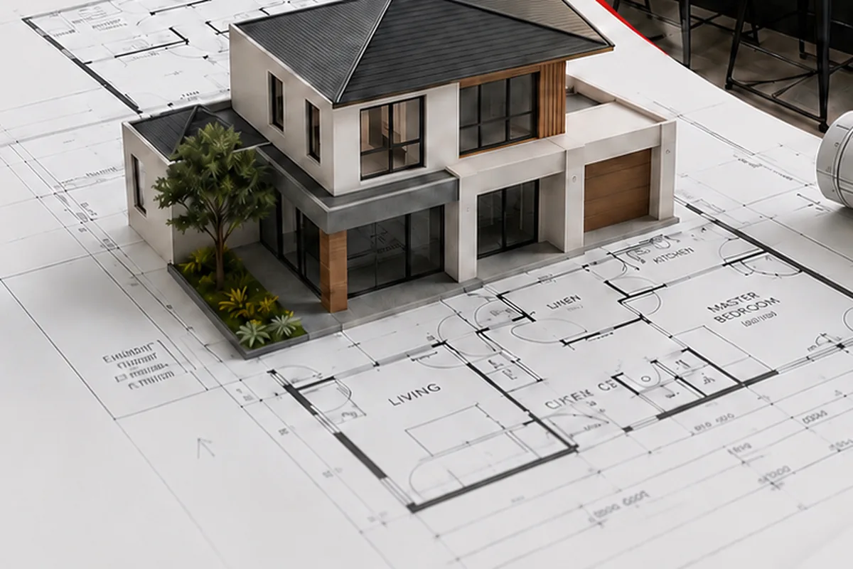 Scale model of a two-storey home sitting on a set of architectural floor plans