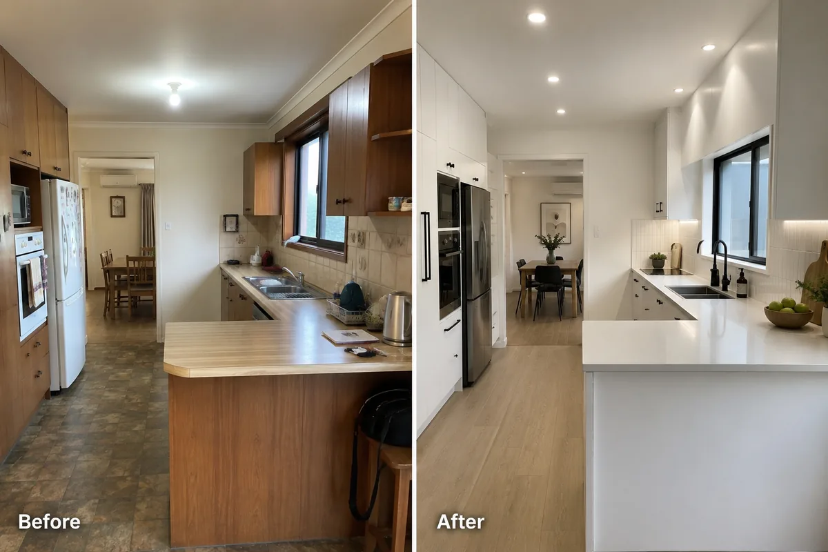 Before and after of a ReachOut kitchen renovation — dark timber cabinetry and laminate benchtops replaced with white joinery, stone benchtops and integrated appliances