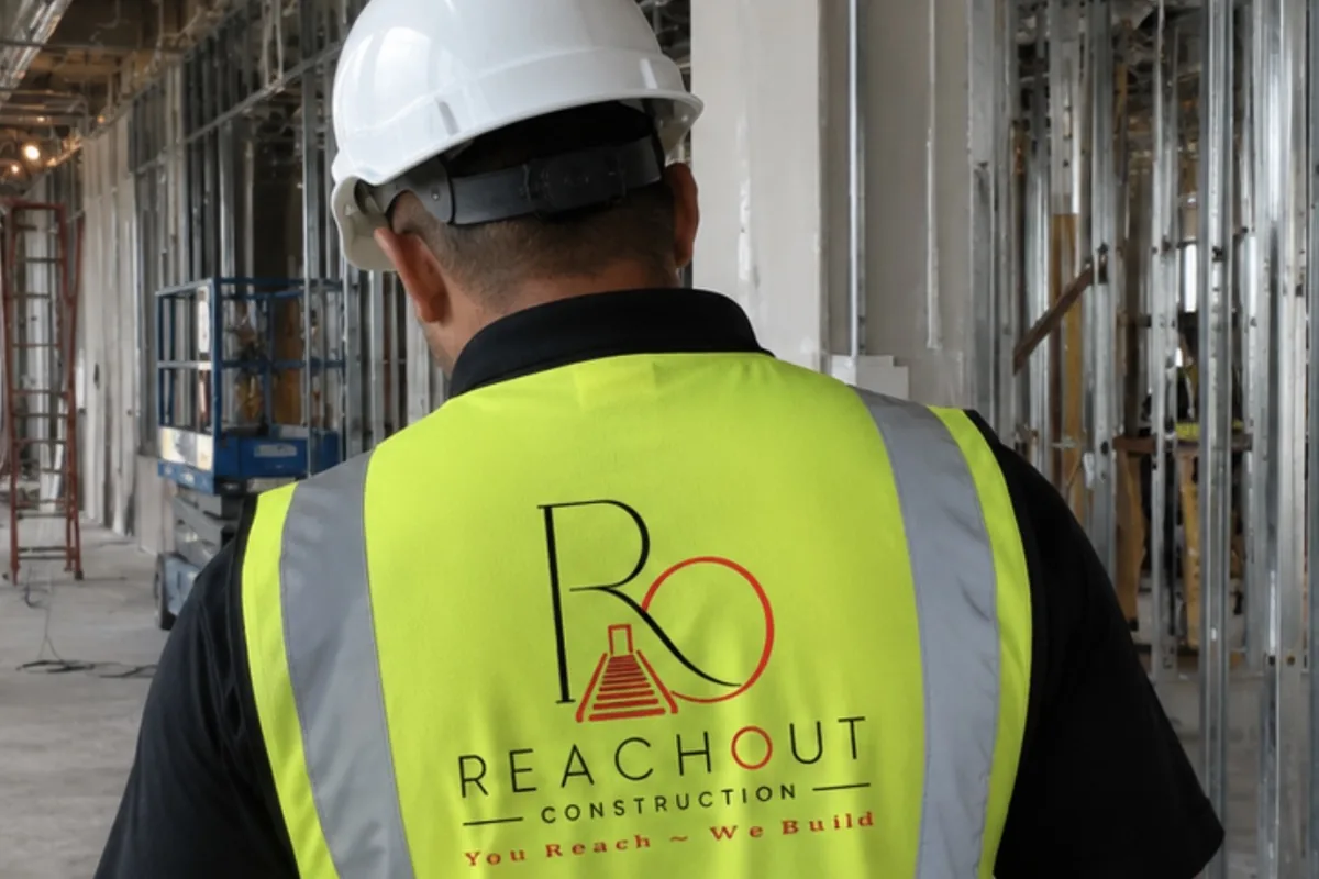 ReachOut Construction tradesman in a branded hi-vis vest and hard hat on a steel-framed commercial fit-out