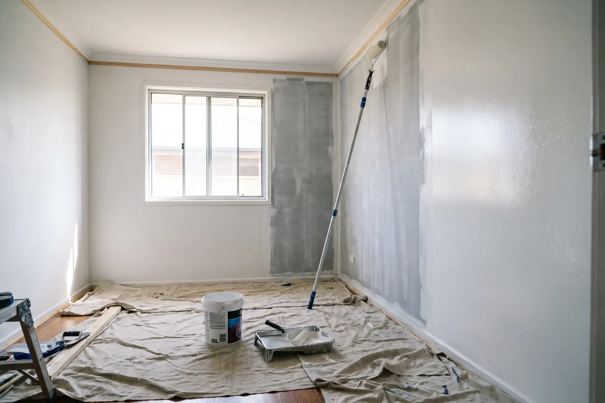 Room being repainted with drop sheets across the floor, a paint tin and roller tray, and one wall rolled out over grey undercoat